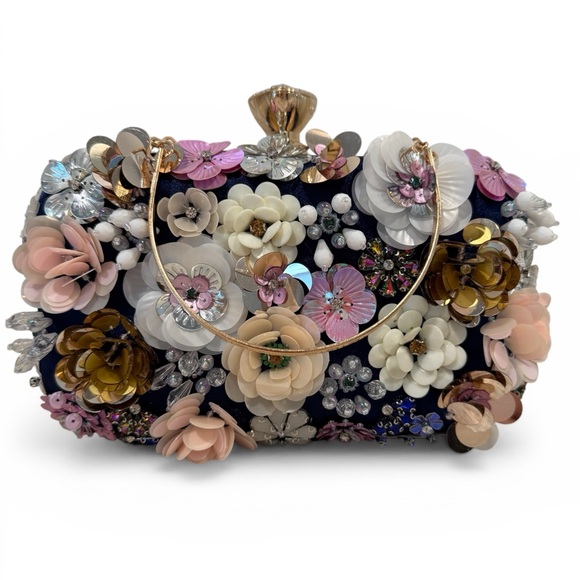 Handbags - Floral Appliqué Beaded Sequined Daisy Clutch Handbag Shoulder Bag NWOT